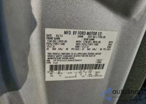 2013 Ford F150 Super Cab z USA, uszkodzony, nr VIN 1FTFX1CF3DKE59433